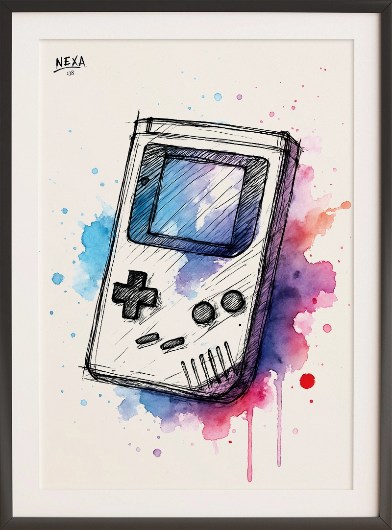 Retro Pixel Power – Vintage Handheld Game Console Ink and Watercolor Illustration Ink sketch of a vintage handheld game console with colorful watercolor splashes – A4 printable art