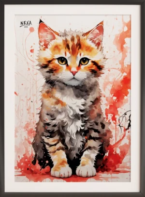 Watercolor illustration of a ginger tabby cat sitting upright, with fluffy fur and a calm expression – A4 printable poster