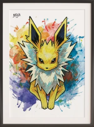Electric type inspired creature with yellow fur and blue lightning watercolor splashes – A4 printable