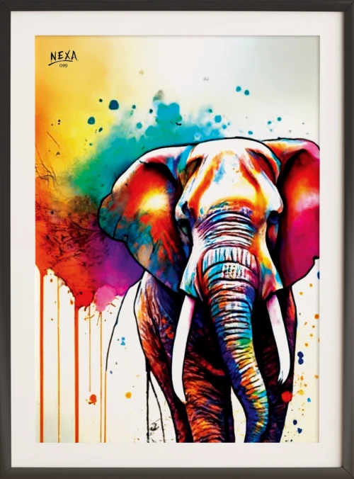 Colorful elephant portrait with bright watercolor splashes – A4 printable