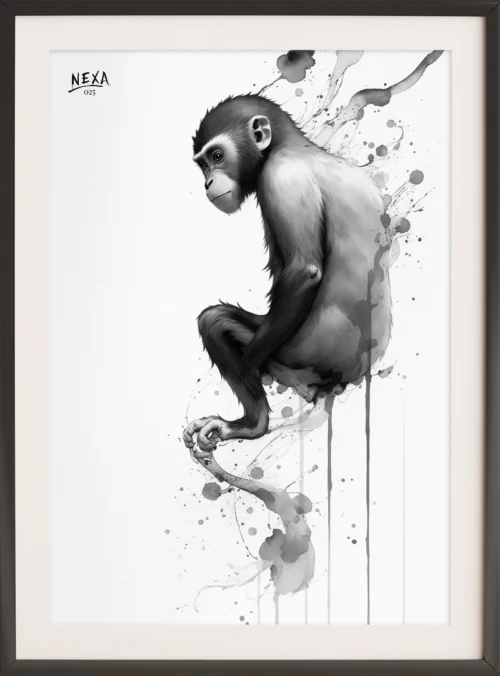 Realistic black and white colobus monkey sitting with watercolor splash – A4 printable