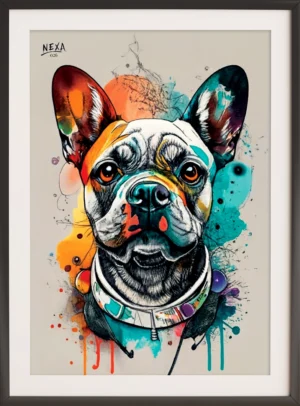 Colorful portrait of a French Bulldog with vibrant watercolor splashes – A4 printable