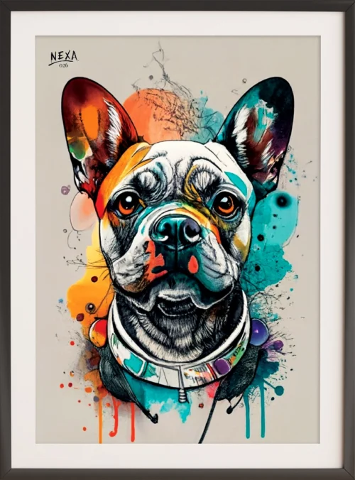 Colorful portrait of a French Bulldog with vibrant watercolor splashes – A4 printable