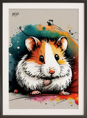Adorable hamster with fluffy fur and warm watercolor background – A4 printable