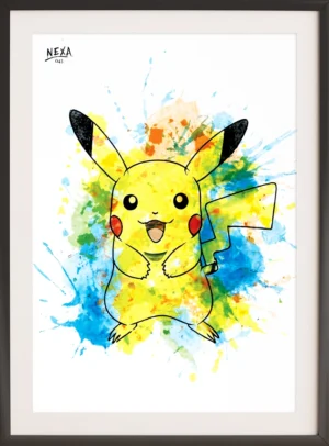 Playful yellow electric mouse with colorful watercolor splashes – A4 printable