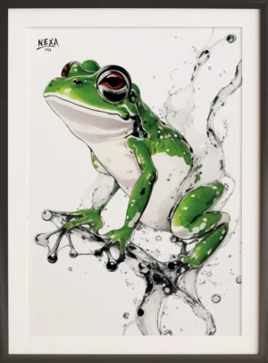 Realistic green frog leaping with water splashes – A4 printable