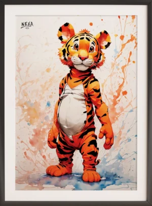 Confident tiger standing upright with vibrant watercolor splashes – A4 printable