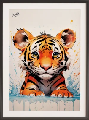 Playful tiger cub splashing in water with vibrant watercolor splashes – A4 printable