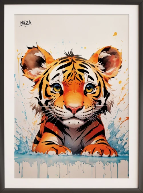 Playful tiger cub splashing in water with vibrant watercolor splashes – A4 printable