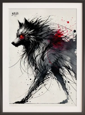 Fierce abstract ink illustration of a dark wolf with glowing red eyes and red splashes – A4 printable vertical poster