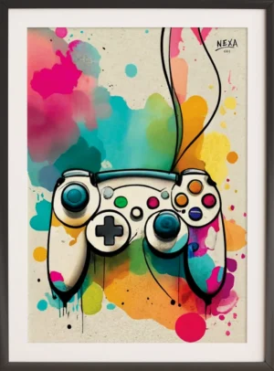 White wired game controller with colorful watercolor splashes – A4 printable