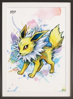 Ink sketch of electric-type Eeveelution with bright yellow watercolor splashes – A4 printable art