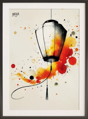 Traditional lantern with vibrant orange and red watercolor splashes – A4 printable