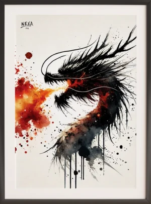 Dramatic black dragon breathing fire with red and orange watercolor splashes – A4 printable