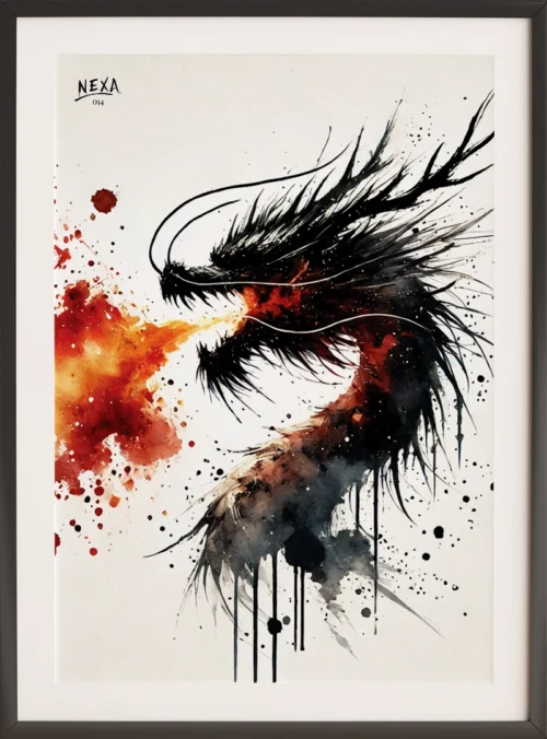 Dramatic black dragon breathing fire with red and orange watercolor splashes – A4 printable