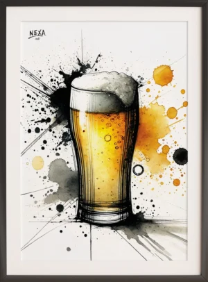 Glass of beer with frothy head and golden watercolor splashes – A4 printable