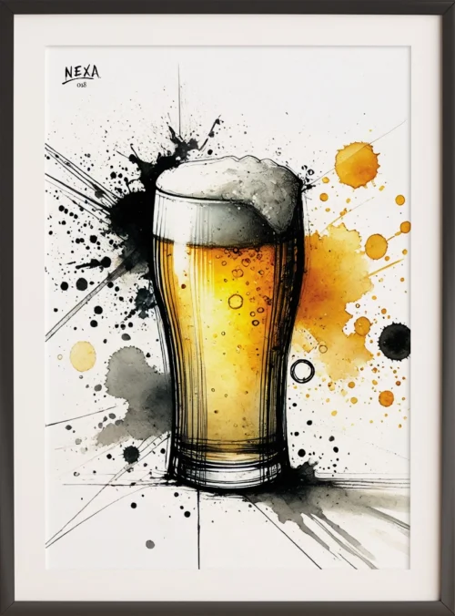 Glass of beer with frothy head and golden watercolor splashes – A4 printable