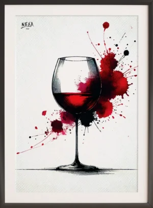 Elegant wine glass with red wine and bold red watercolor splashes – A4 printable