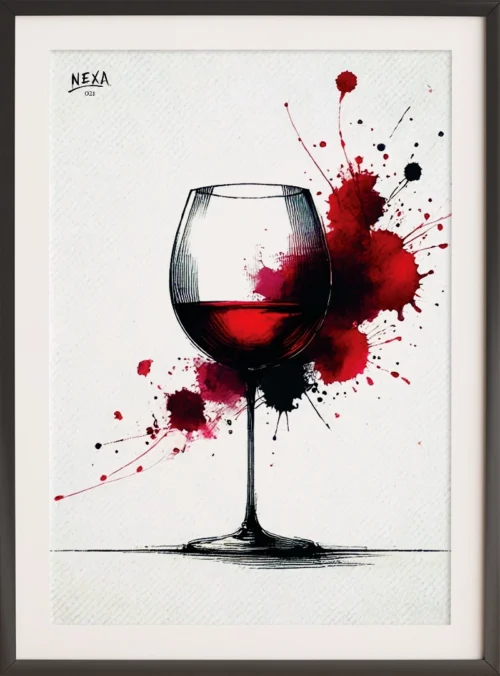 Elegant wine glass with red wine and bold red watercolor splashes – A4 printable