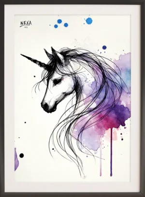 Graceful unicorn head with flowing mane and purple watercolor splashes – A4 printable
