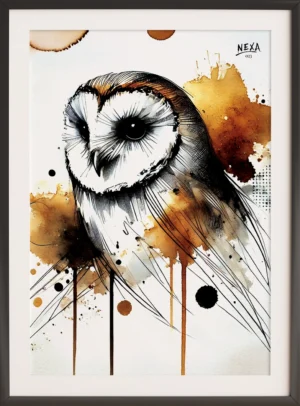 Detailed black and white owl with brown watercolor accents – A4 printable