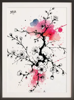 Delicate cherry blossom branch with pink watercolor splashes – A4 printable