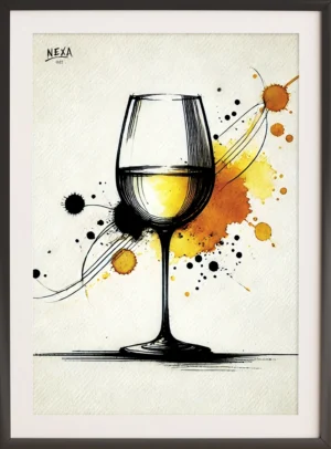 Elegant wine glass with golden liquid and watercolor splashes – A4 printable