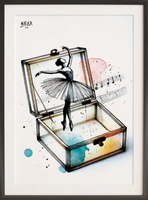 Ballet dancer emerging from a music box with soft watercolor splashes – A4 printable