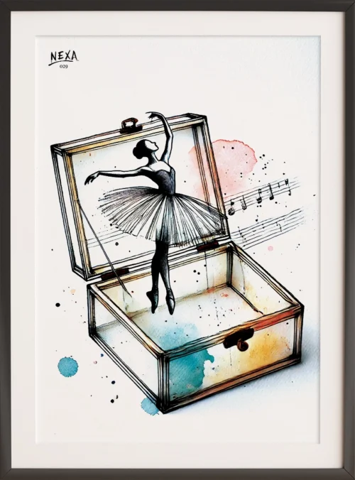 Ballet dancer emerging from a music box with soft watercolor splashes – A4 printable