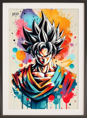 Dynamic anime warrior with spiky black and white hair and colorful watercolor splashes – A4 printable