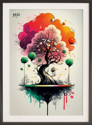 Abstract tree with colorful orange, pink, and green watercolor splashes – A4 printable