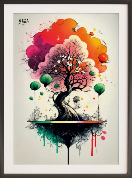 Abstract tree with colorful orange, pink, and green watercolor splashes – A4 printable