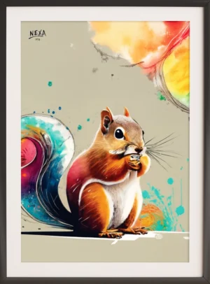 Cute squirrel holding a nut with colorful watercolor splashes – A4 printable