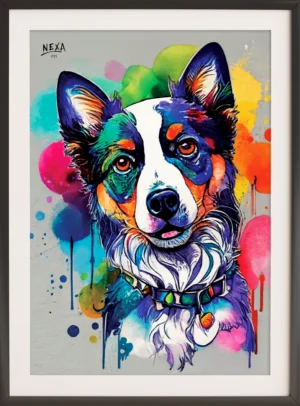 Vibrant dog portrait with multicolor watercolor splashes – A4 printable