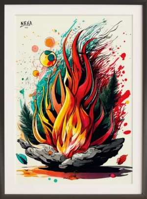 Bright flame with red, orange, and yellow watercolor splashes and abstract shapes – A4 printable