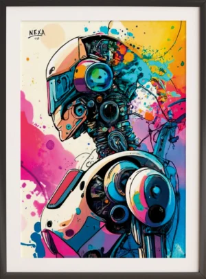 Colorful futuristic robot with detailed mechanical parts and vibrant splashes – A4 printable