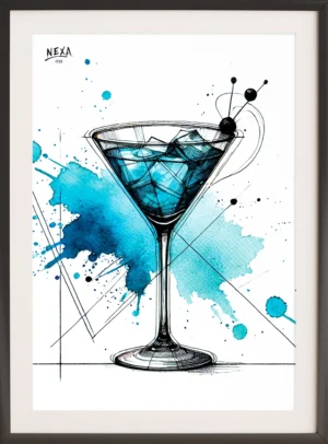 Stylish martini glass with blue liquid and abstract watercolor splashes – A4 printable