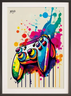 Classic game controller with vibrant multicolor watercolor splashes – A4 printable