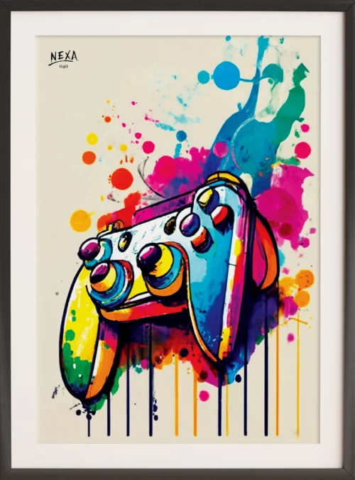 Classic game controller with vibrant multicolor watercolor splashes – A4 printable