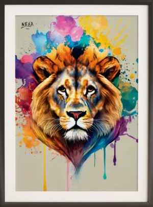 Powerful lion head with colorful paint splashes and vibrant background – A4 printable