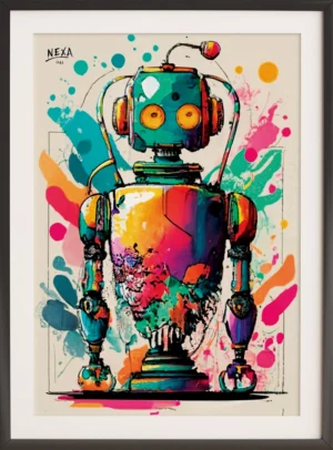Vibrant retro robot with bright colors and paint splashes – A4 printable