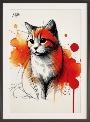 Orange and white cat in ink sketch style with watercolor splashes – A4 printable