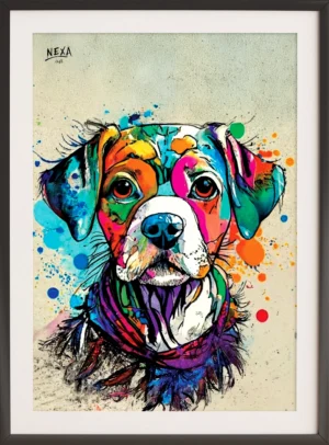 Multicolored dog with expressive eyes and paint splash background – A4 printable