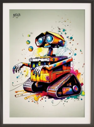 Colorful robot with bright eyes and watercolor splashes – A4 printable