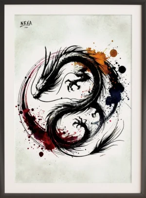 Asian-style dragon curled in a yin-yang spiral with dark ink splashes – A4 printable