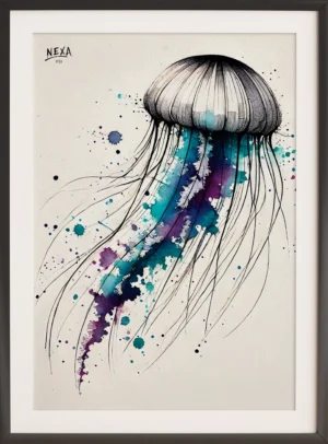 Elegant jellyfish with flowing tentacles and watercolor splashes – A4 printable