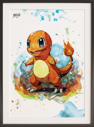 Small orange creature with a flame tail and watercolor background – A4 printable