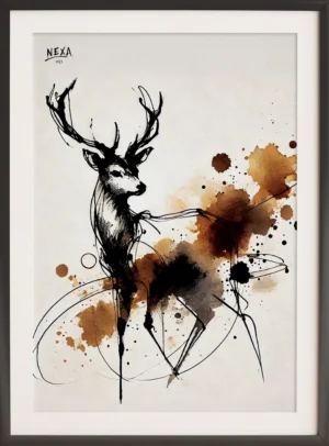 Stylized deer with antlers and brown ink splashes – A4 printable