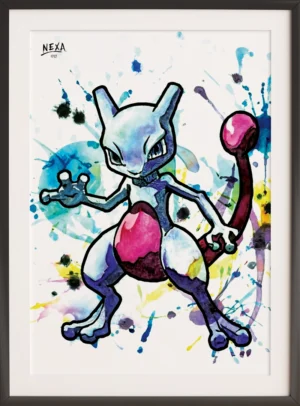 Psychic alien creature with intense stare and colorful ink splashes – A4 printable