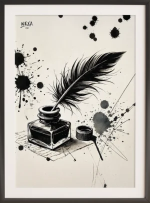 Black ink bottle with feather quill and abstract splatters – A4 printable